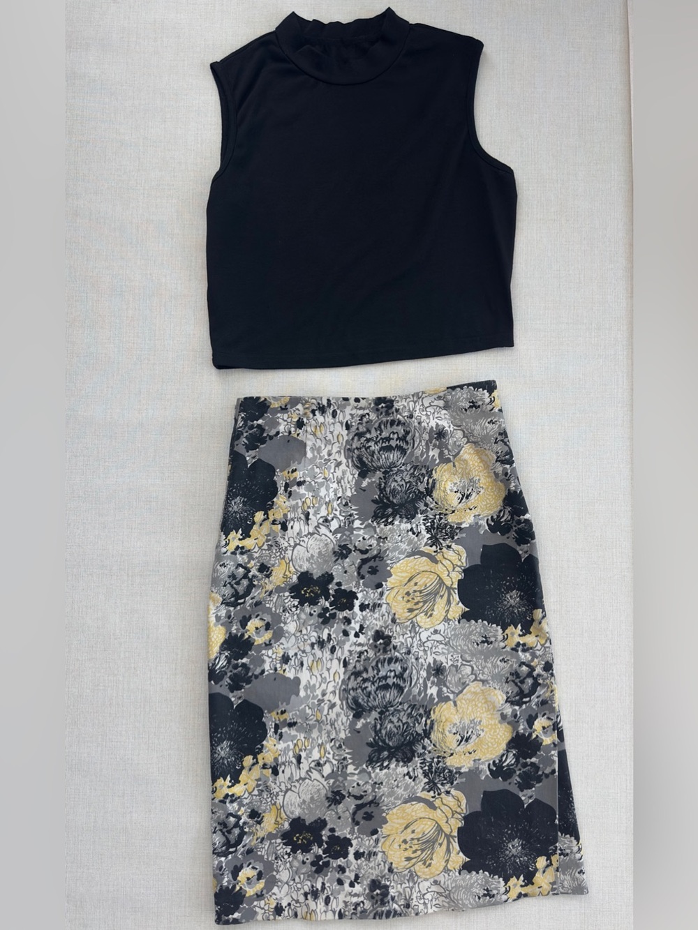 Floral Pencil Skirt with Yellow & Gray Accents with sleeveless black top